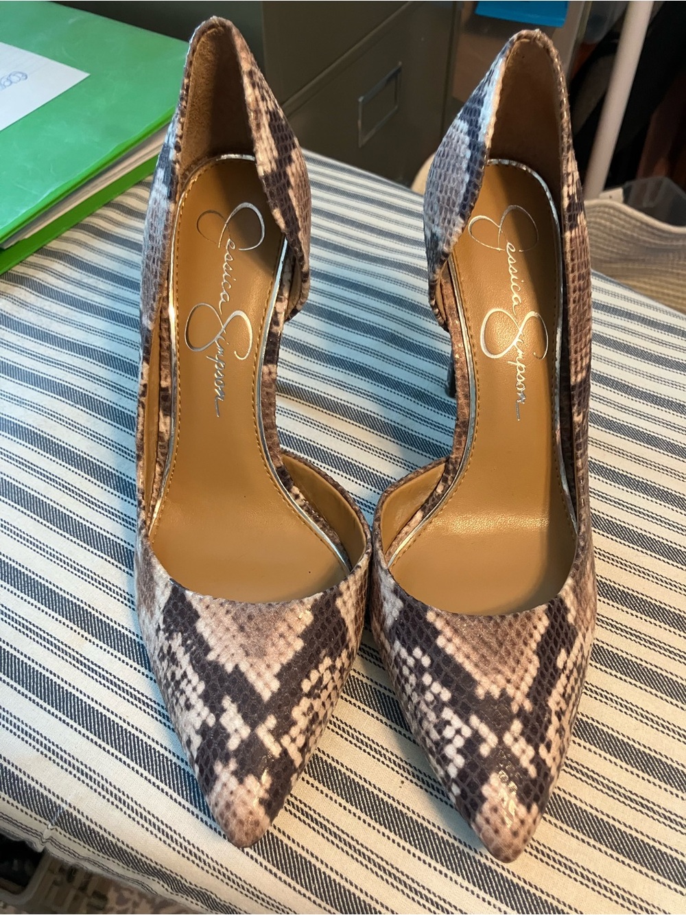 Jessica Simpson Taupe and Cream Snake-Print D'Orsay Pumps